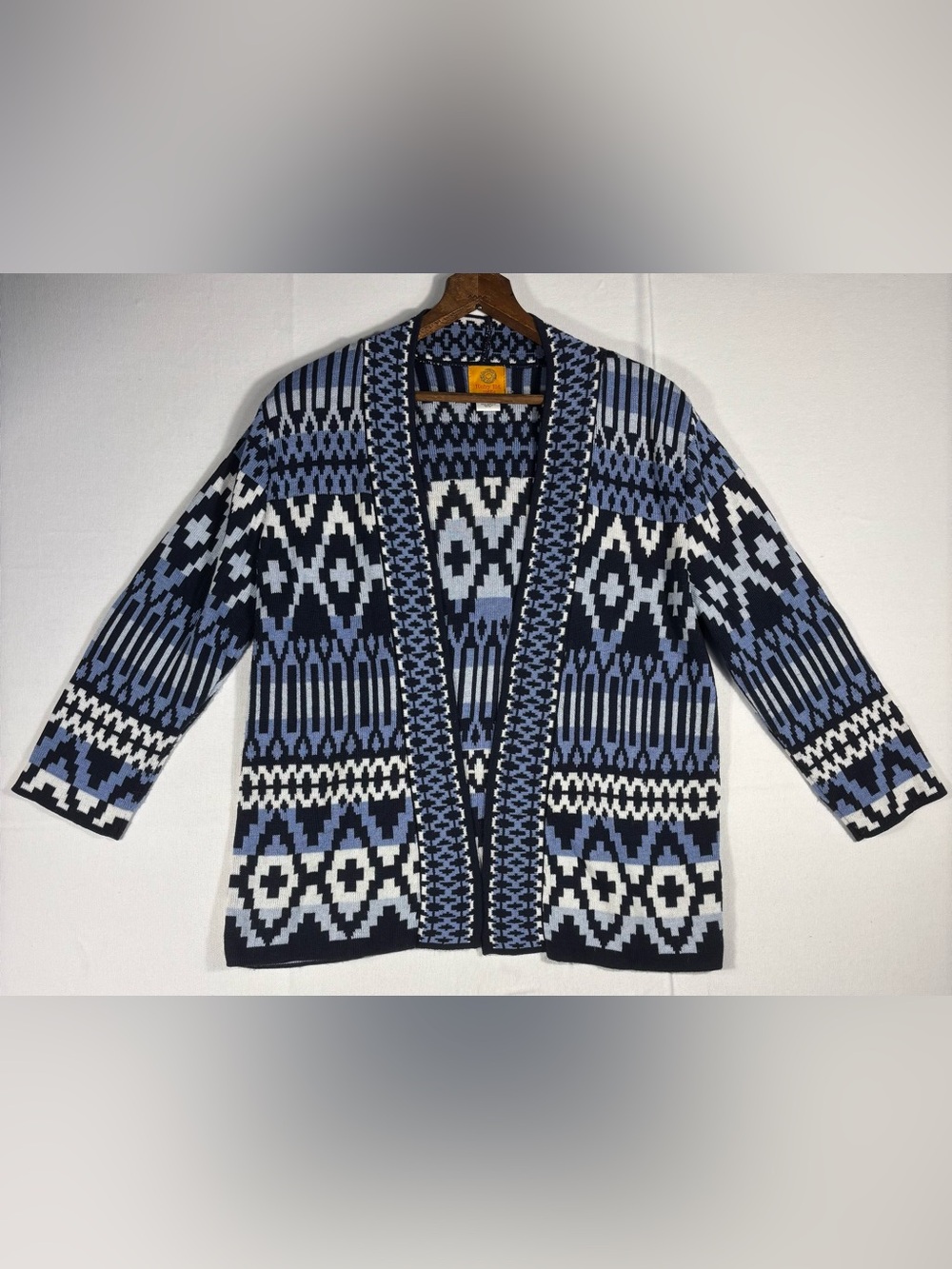 Ruby Rd. Petite Women’s PL Blue and White Geometric Open-Front Cardigan